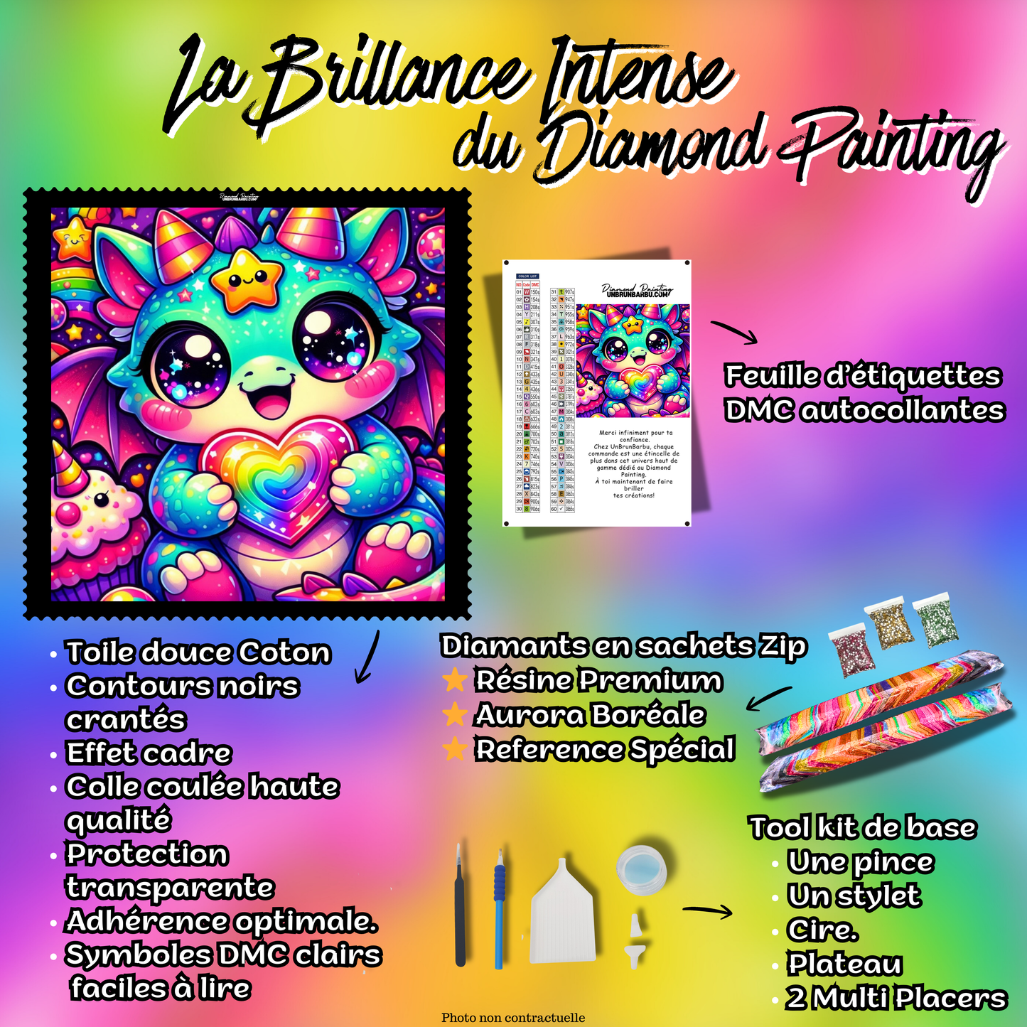 contenu kit diamond painting dragon kawaii accessoires inclus