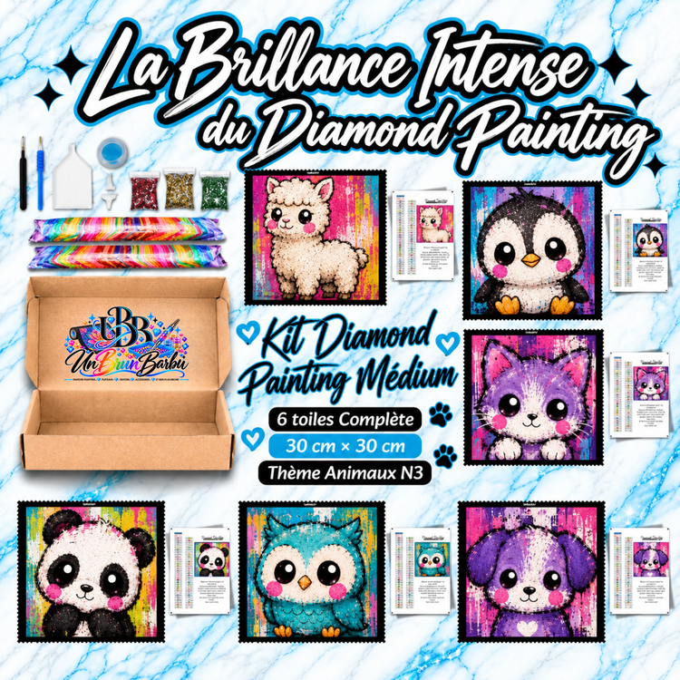 Kit Diamond Painting Medium Animaux N°3 UnBrunBarbu avec 6 toiles de 30 × 30 cm représentant un alpaga, un pingouin, un chat violet, un panda, une chouette bleue et un chiot violet kawaii, avec accessoires complets de broderie diamant.