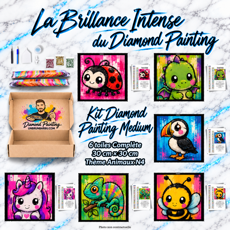 Kit Diamond Painting Medium Animaux N°4 UnBrunBarbu avec 6 toiles de 30 × 30 cm représentant une coccinelle, un bébé dragon vert, un macareux, une licorne rose, un caméléon multicolore et une abeille kawaii, avec accessoires de broderie diamant.