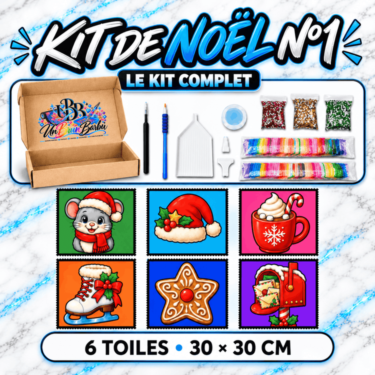 Kit Diamond Painting Médium Noël N°1 UnBrunBarbu avec 6 toiles de 30 × 30 cm aux motifs festifs : souris de Noël, bonnet, chocolat chaud, patin à glace, biscuit étoile et boîte aux lettres, accompagné de ses accessoires.