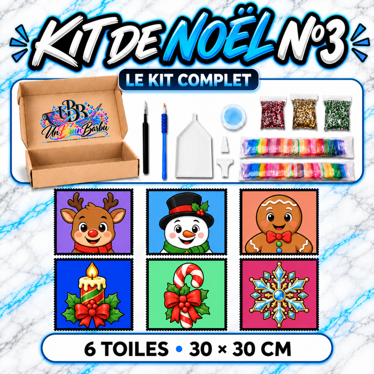 Kit Diamond Painting Médium Noël N°3 UnBrunBarbu avec 6 toiles de 30 × 30 cm représentant un renne, un bonhomme de neige, un bonhomme en pain d'épices, une bougie de Noël, une canne à sucre et un flocon de neige, avec accessoires complets.