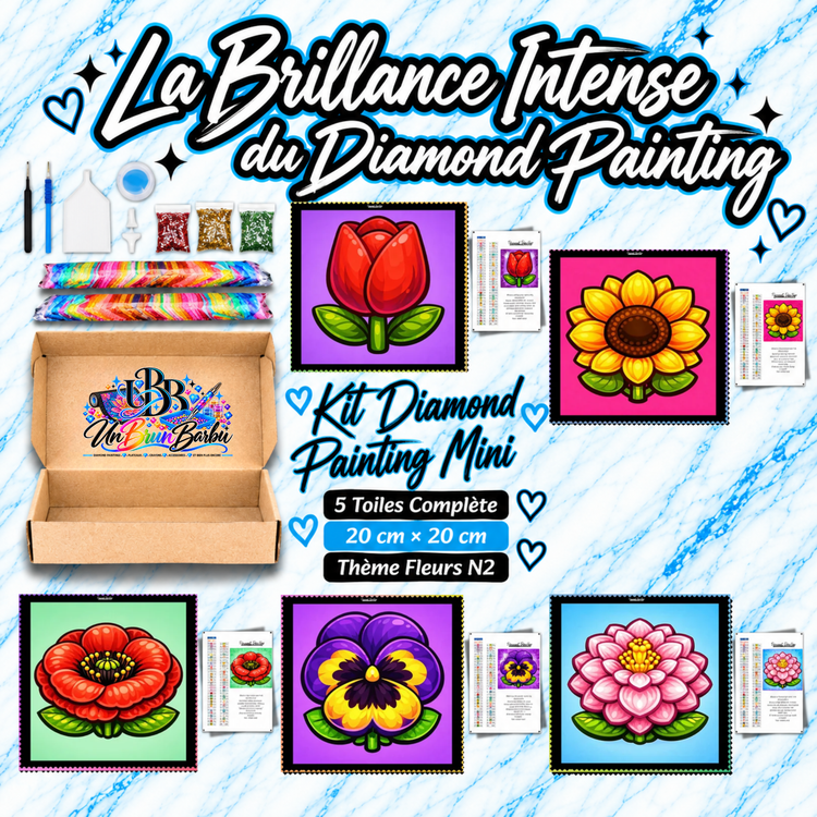 Kit Diamond Painting Mini Fleurs N°2 UnBrunBarbu avec 5 toiles de 20 × 20 cm représentant une tulipe rouge, un tournesol jaune, un coquelicot rouge, une pensée violette et jaune et un dahlia rose, avec accessoires de broderie diamant.