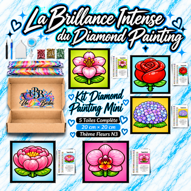 Kit Diamond Painting Mini Fleurs N°3 UnBrunBarbu comprenant 5 toiles de 20 × 20 cm représentant une fleur de cerisier rose, une rose rouge, un hortensia violet, une pivoine rose et une orchidée rose, avec accessoires de broderie diamant.