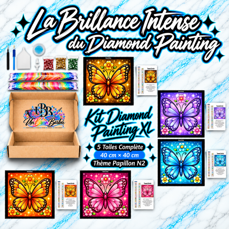 Kit Diamond Painting XL Papillons N°2 UnBrunBarbu avec 5 toiles de 40 × 40 cm représentant des papillons scintillants orange, violet, bleu et rose, entourés de fleurs colorées, avec accessoires et diamants pour broderie diamant.