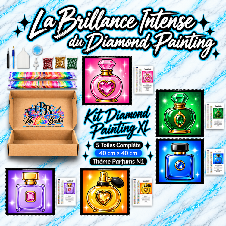 Kit Diamond Painting XL Parfums N°1 UnBrunBarbu comprenant 5 toiles de 40 × 40 cm illustrant des flacons de parfum scintillants rose, vert émeraude, bleu, violet et doré, avec motifs de pierres précieuses et accessoires complets de broderie diamant.