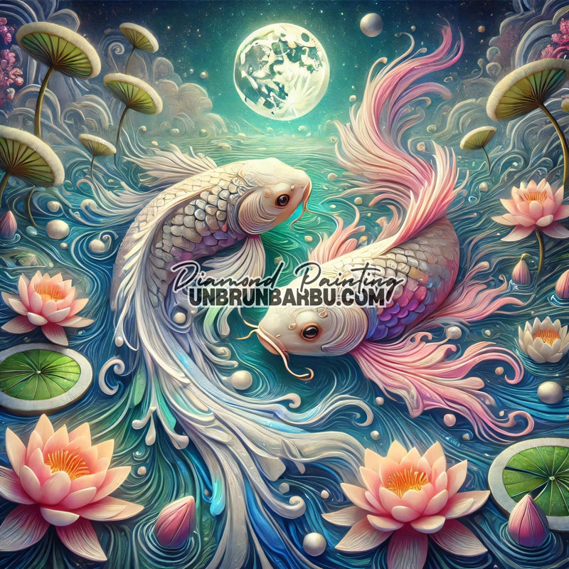 La Danse des Koi sous la Lune (100cm x 100cm) - UnBrunBarbu