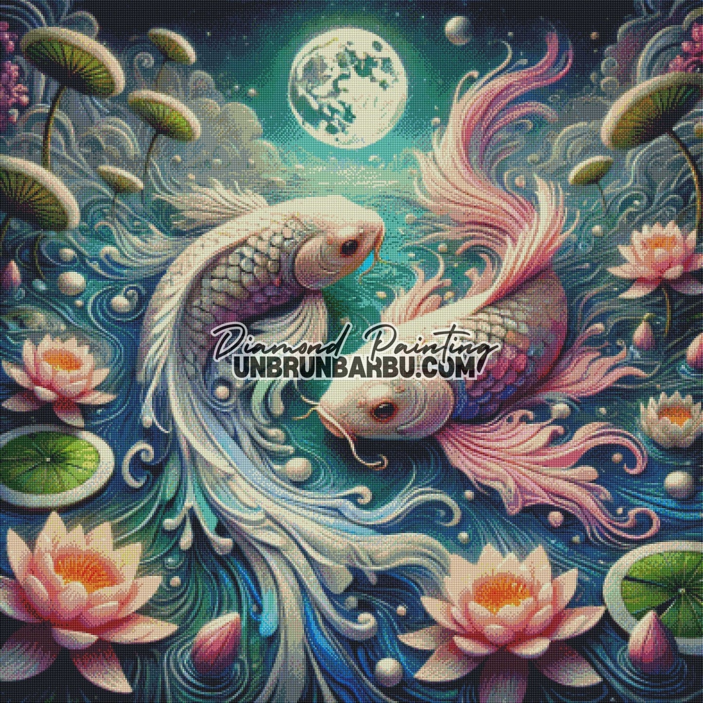 La Danse des Koi sous la Lune (100cm x 100cm) - UnBrunBarbu