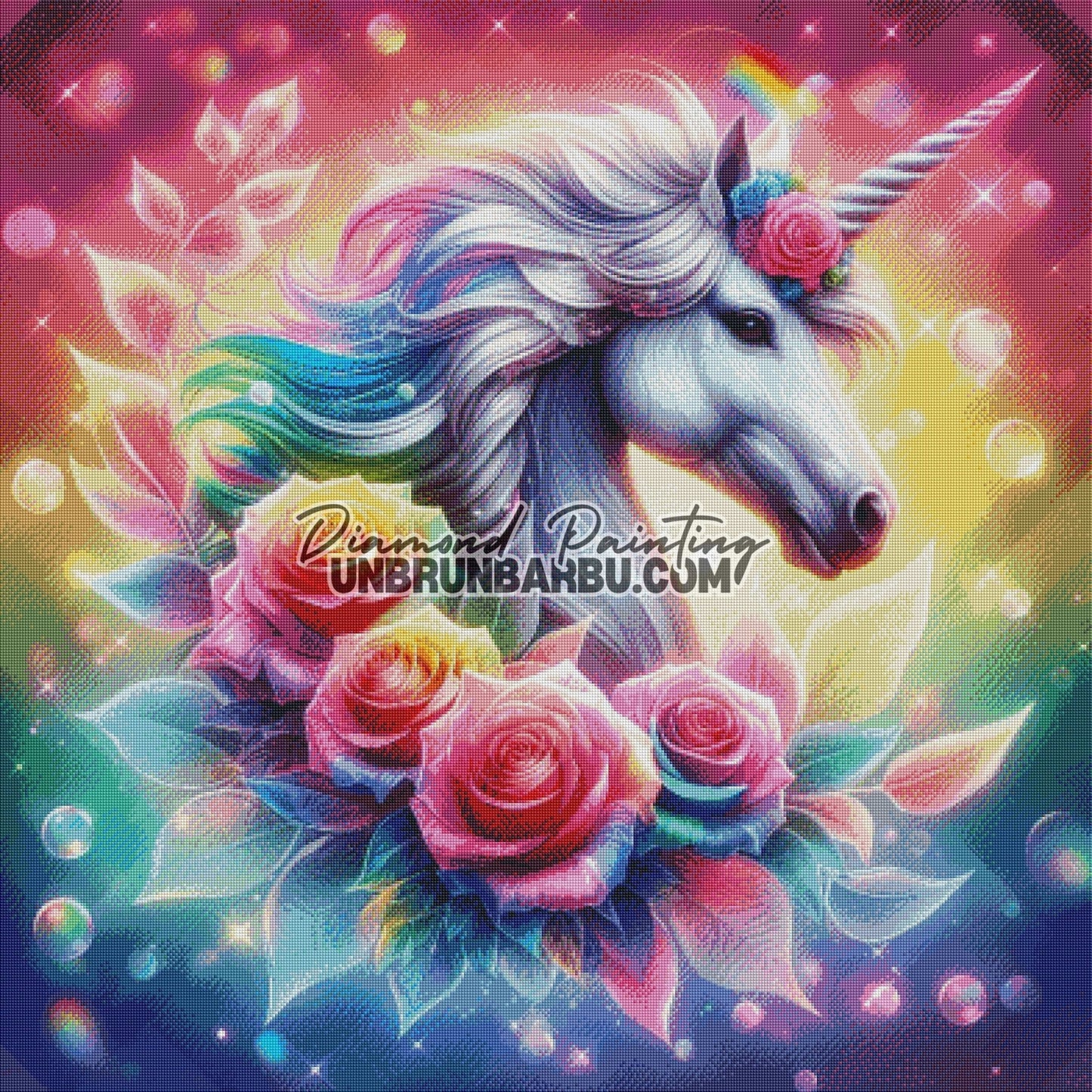 La Licorne des Roses Arc - en - Ciel (100cm x 100cm) - UnBrunBarbu