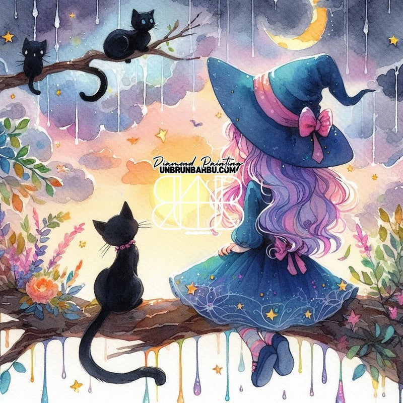 La Sorcière et ses Chats sous le Ciel Étoilé (100cm x 100cm) - UnBrunBarbu