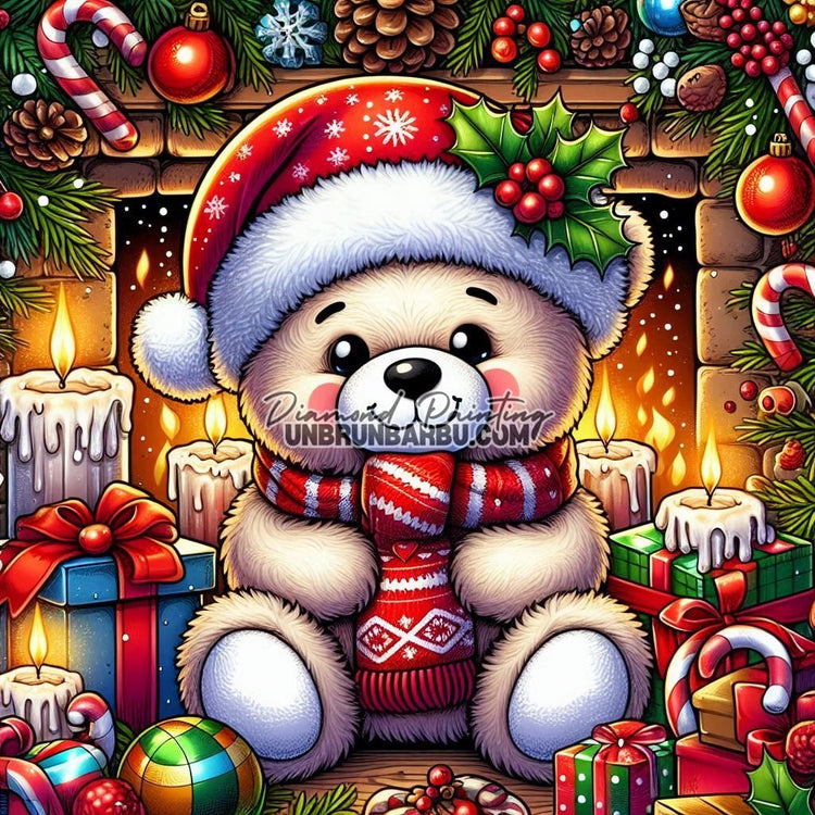 L’Ours de Noël au Coin du Feu (70cm x 70cm) - UnBrunBarbu