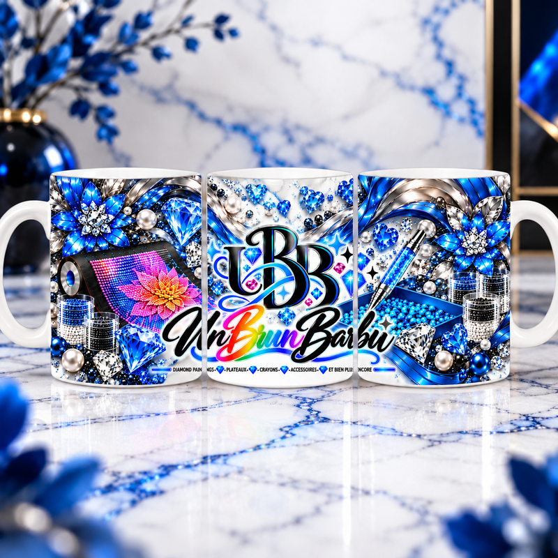 Mug Diamond Painting UBB Éclat Bleu présenté sous trois angles, avec logo UnBrunBarbu, fleurs bleues et accessoires créatifs illustrés.