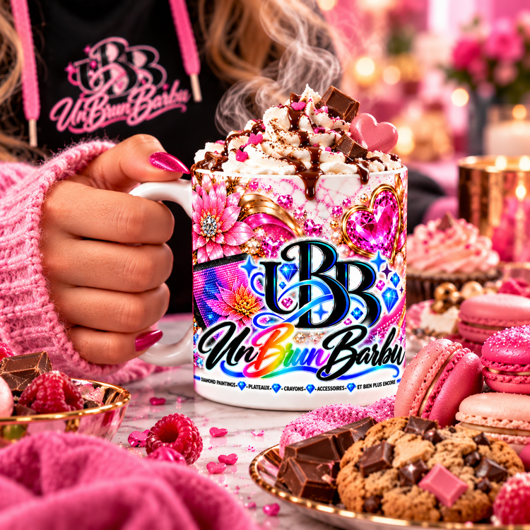 Mug Diamond Painting UBB Éclat Rose tenu en main, garni de chantilly et de chocolat, entouré de macarons roses et de biscuits.