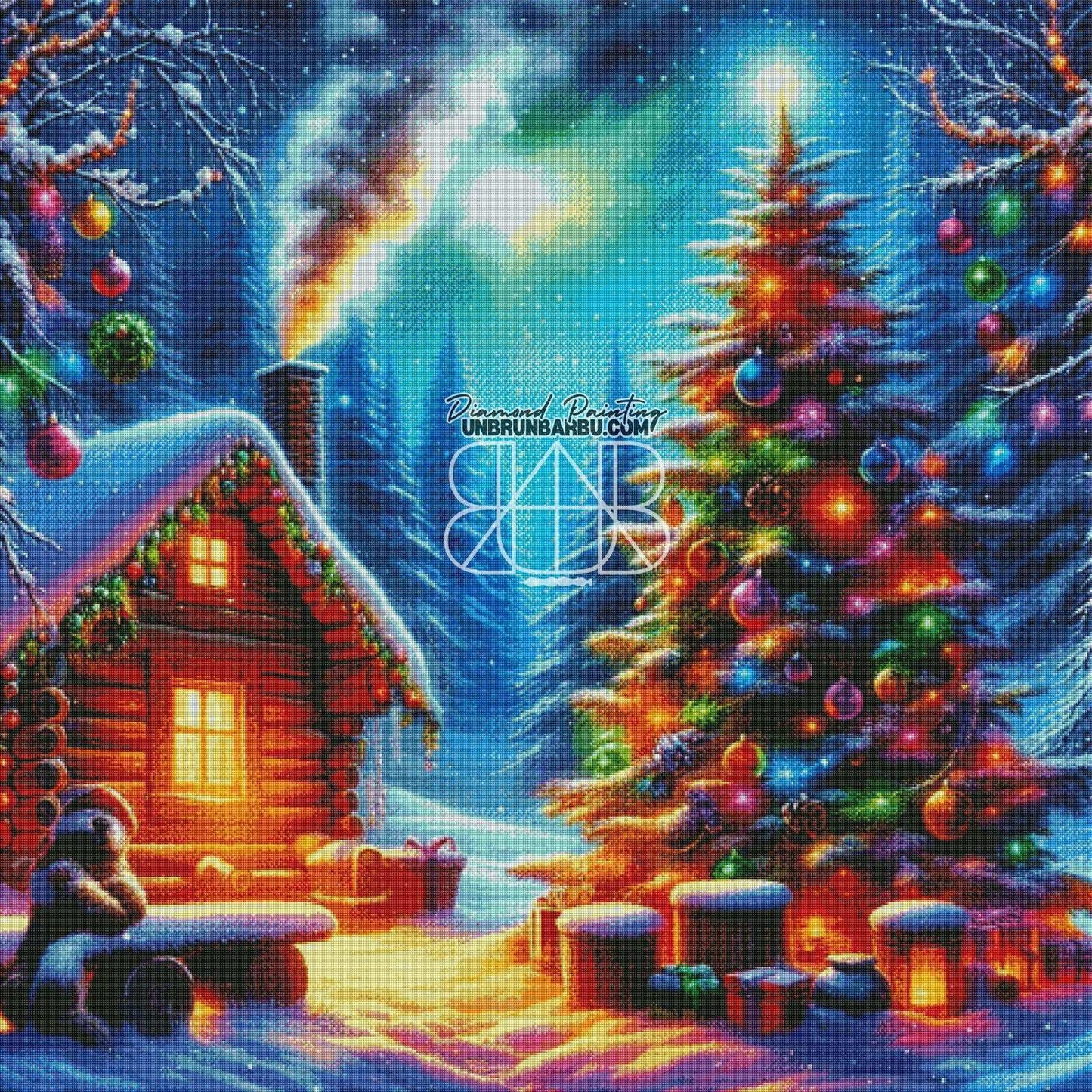 Nuit Polaire Cabane Féérique. (120cm x 120cm) - UnBrunBarbu