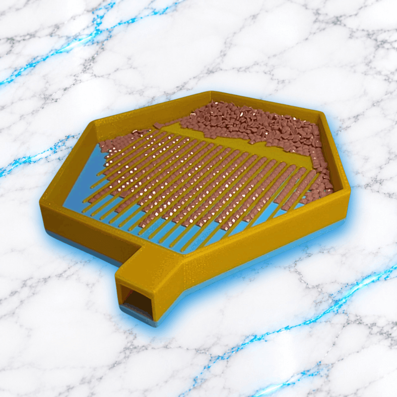 Plateau 3D Diamond Painting HexaGlam No Washi dore et bleu, vue en perspective avec diamants carres roses alignes dans les rainures dorees, zone de reserve et bec verseur, creation UnBrunBarbu.