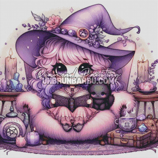diamond painting sorciere violette livre sortileges rendu diamante 80x80