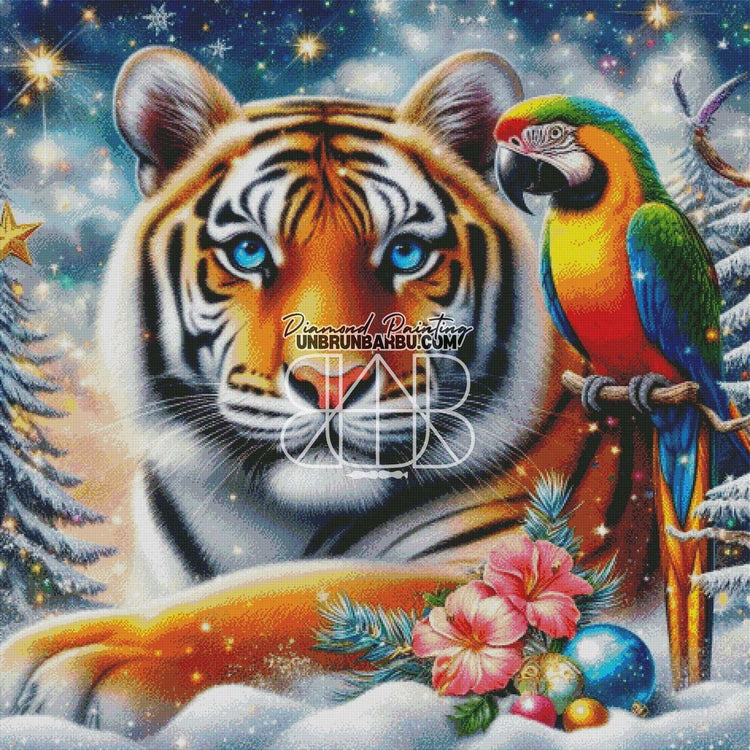 Tigre et Perroquet en Hiver (120cm x 120cm) - UnBrunBarbu