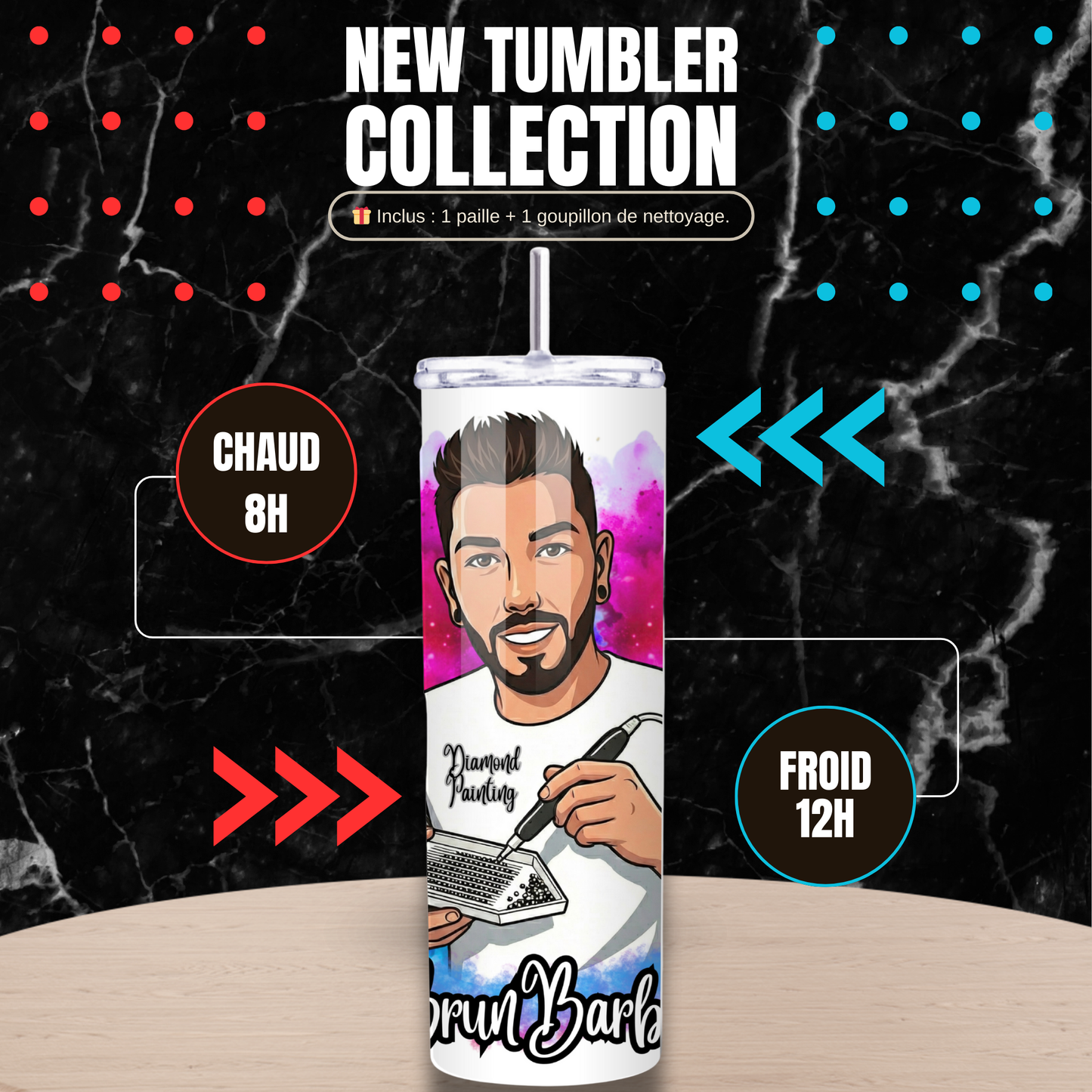 Tumbler Isotherme “UnBrunBarbu” – Fait Main (Paille & Goupillon inclus)