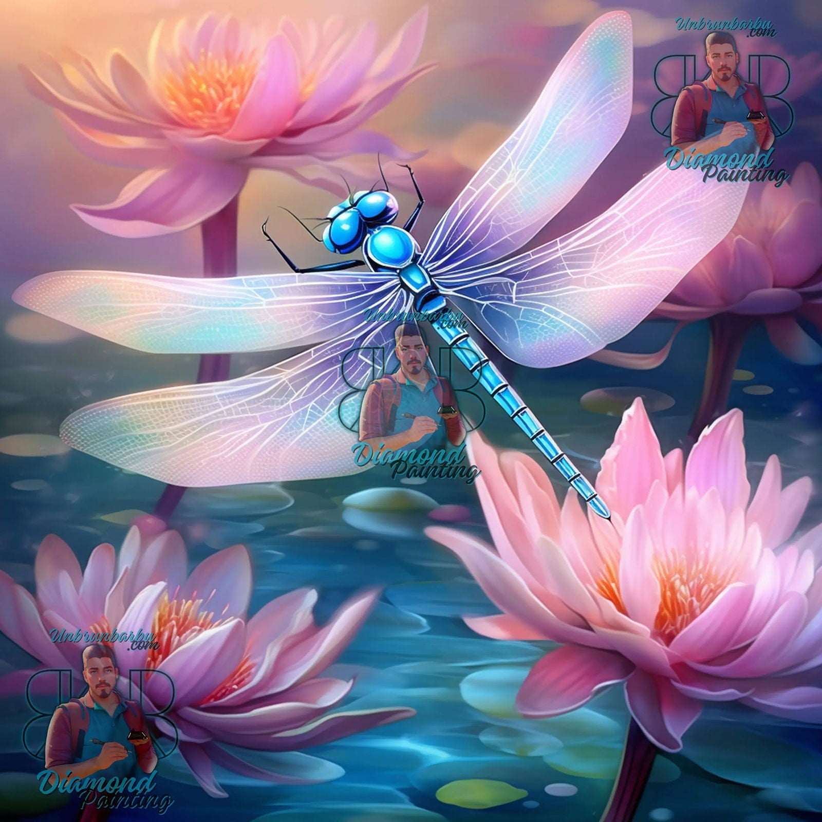 Vol en Harmonie, Libellule au - dessus des Nénuphars. (80cm x 80cm). - UnBrunBarbu