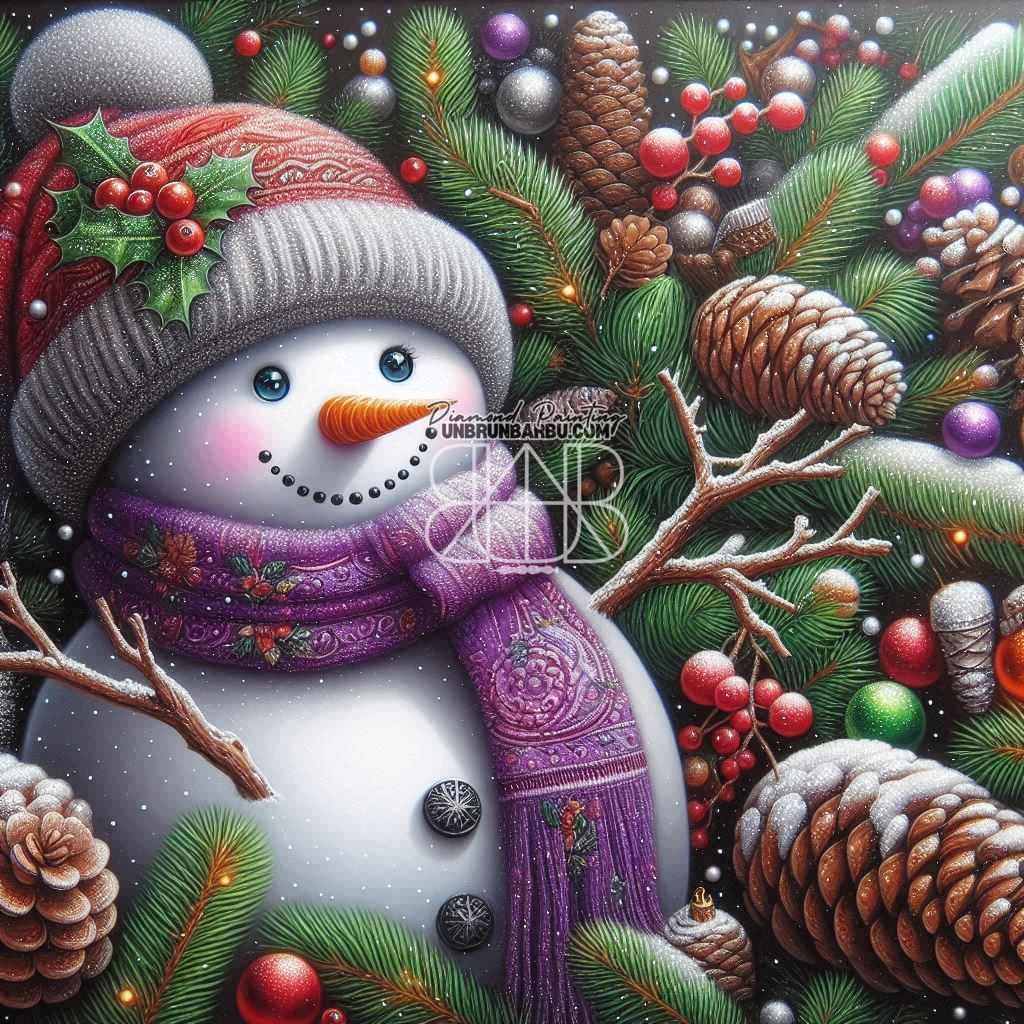 Bonhomme de Neige et Pommes de Pin. (80cm x 80cm) - UnBrunBarbu