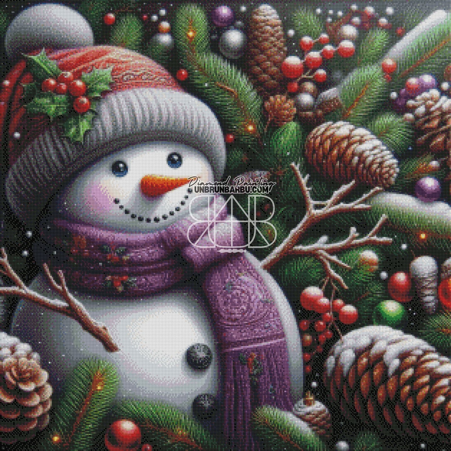 Bonhomme de Neige et Pommes de Pin. (80cm x 80cm) - UnBrunBarbu