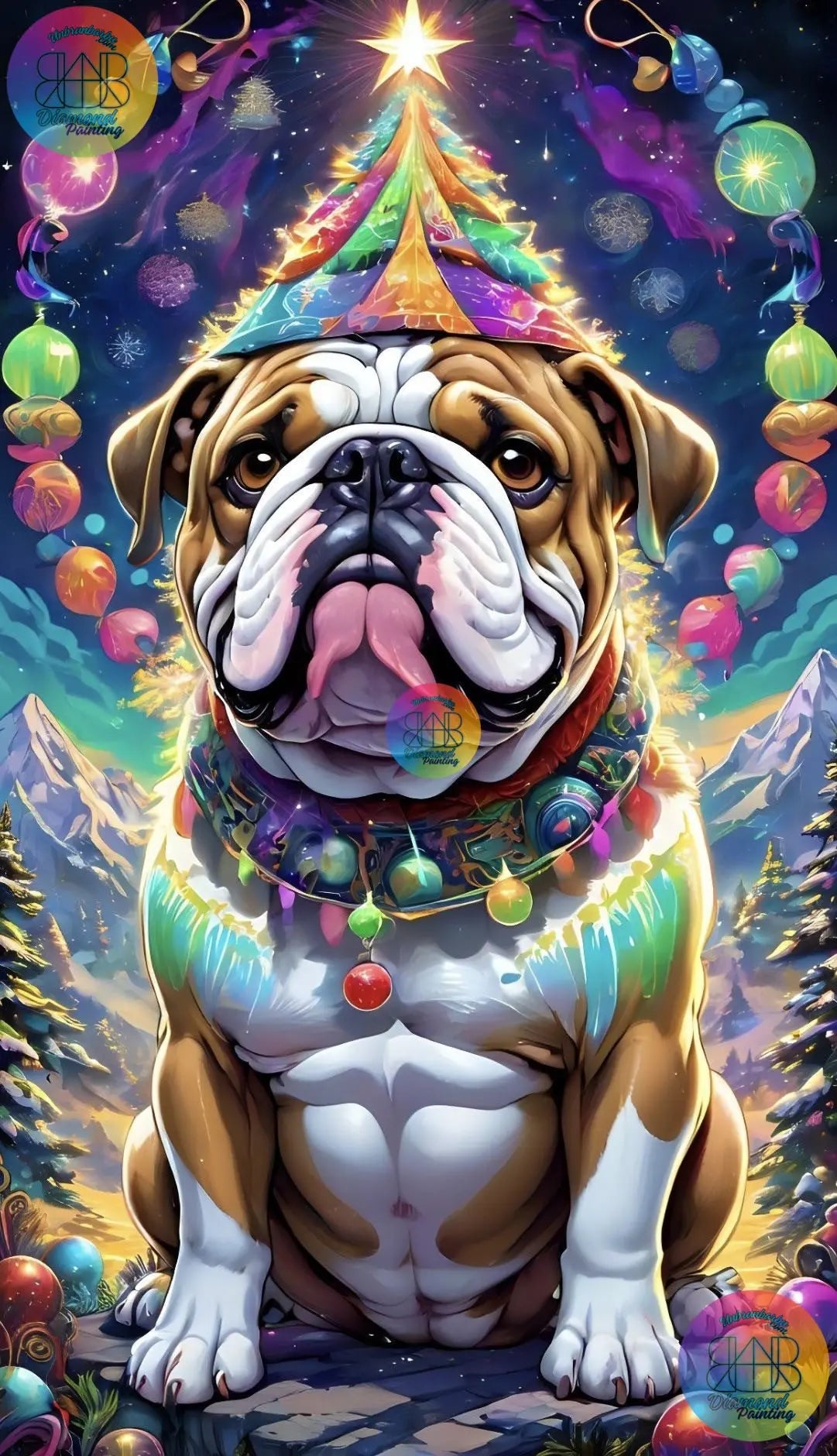 Bouledogue Anglais sous les Aurores Boréale Balade Féerique de Noël. (60cm x 110cm). - UnBrunBarbu