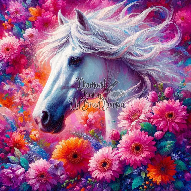 Cheval Féérique au Cœur des Fleurs (110cm x 110cm)