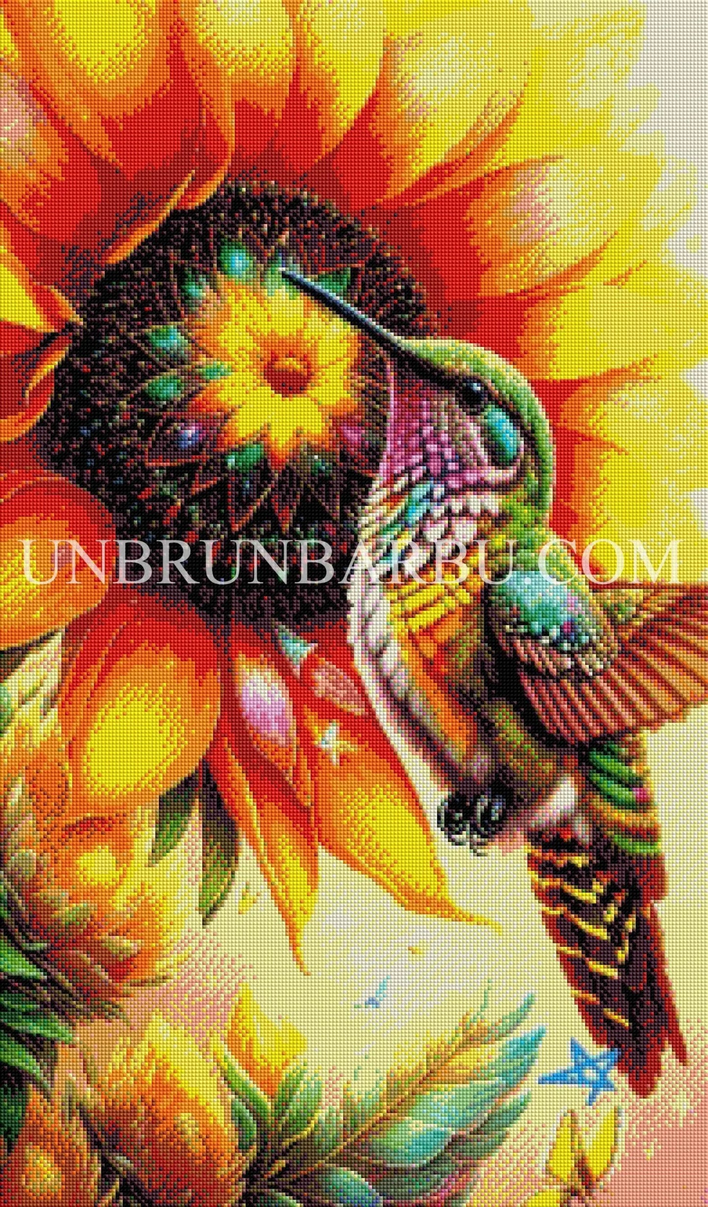 Colibris Colorés parmi les Tournesols. (50cm × 85cm). - UnBrunBarbu