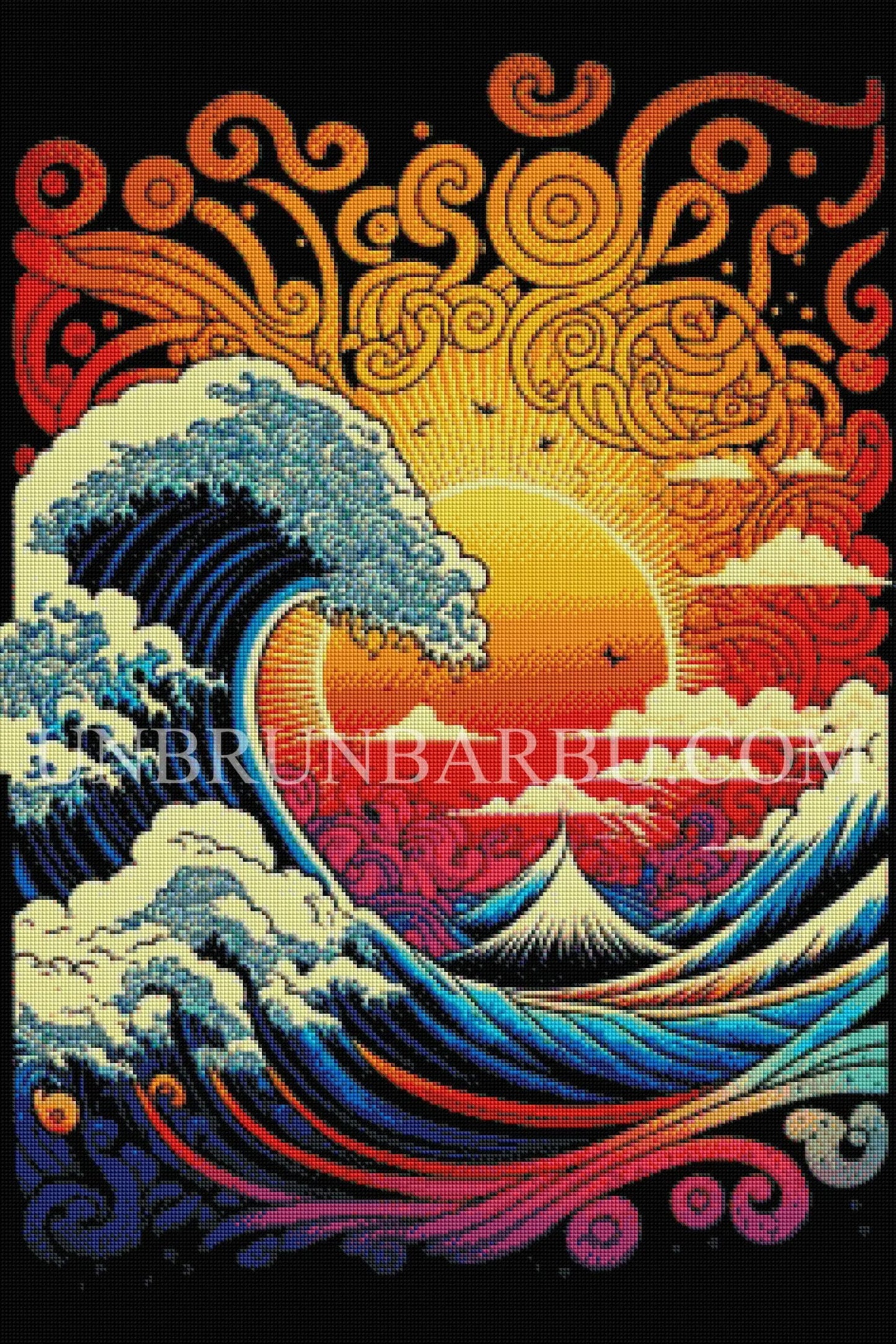 Coucher de Soleil Étincelant sur les Vagues Chinoises. (60cm × 90cm). - UnBrunBarbu