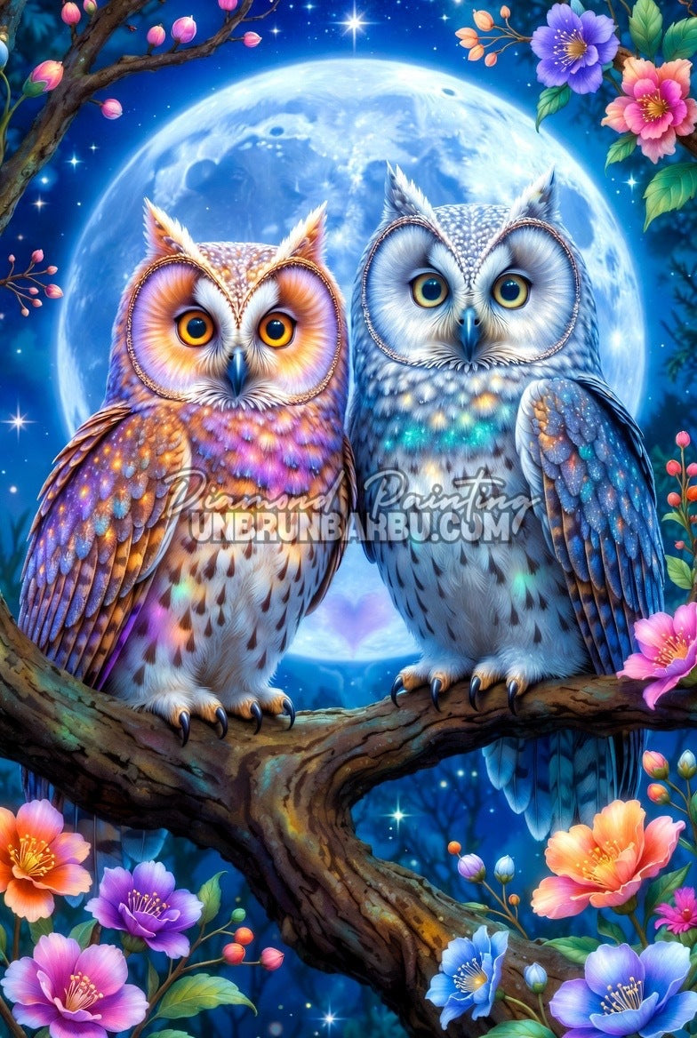 Diamond Painting - Duo de Hiboux aux Plumes Étoilées (80cm x 120cm)