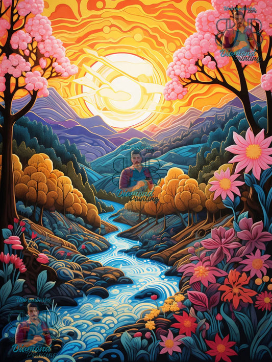 Éclats de Crépuscule, Rivière, Fleurs et Montagnes dans une Lumière Dorée. (80cm x 110cm). - UnBrunBarbu