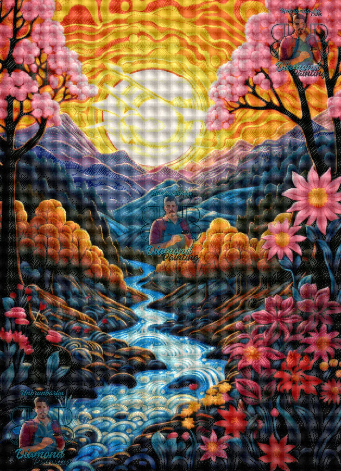 Éclats de Crépuscule, Rivière, Fleurs et Montagnes dans une Lumière Dorée. (80cm x 110cm). - UnBrunBarbu