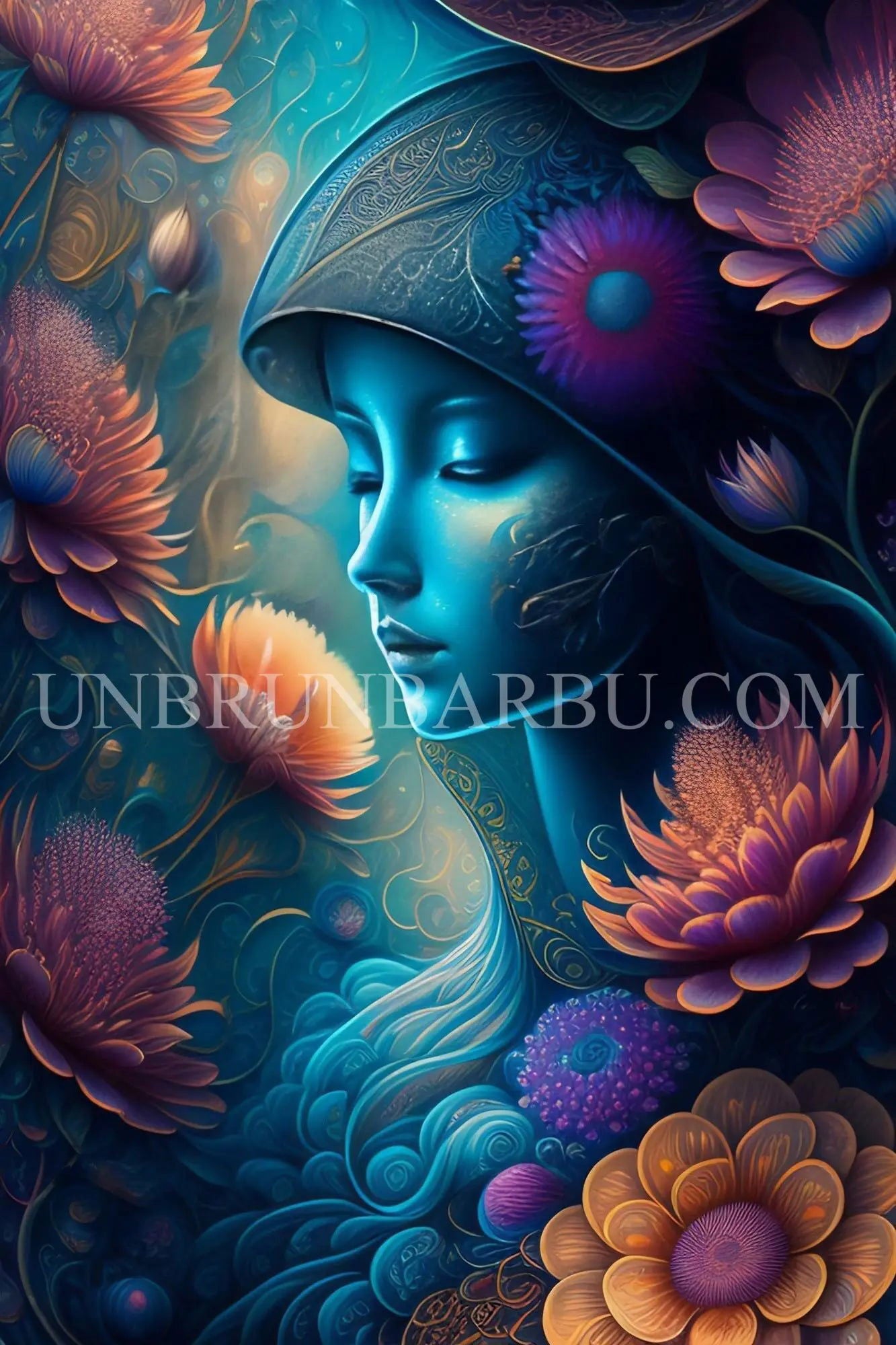 Éclosion Bleue : La Femme des Fleurs. (70cm x 105cm) - UnBrunBarbu