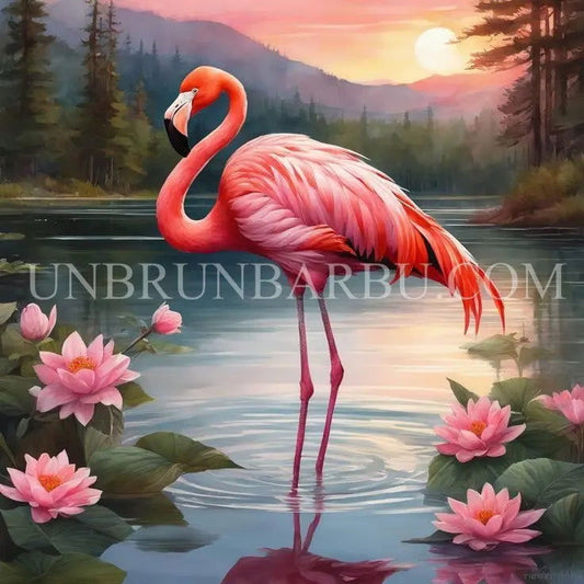 Élégance au crépuscule. Flamant Rose au Lac. (80cm x 80cm). - UnBrunBarbu