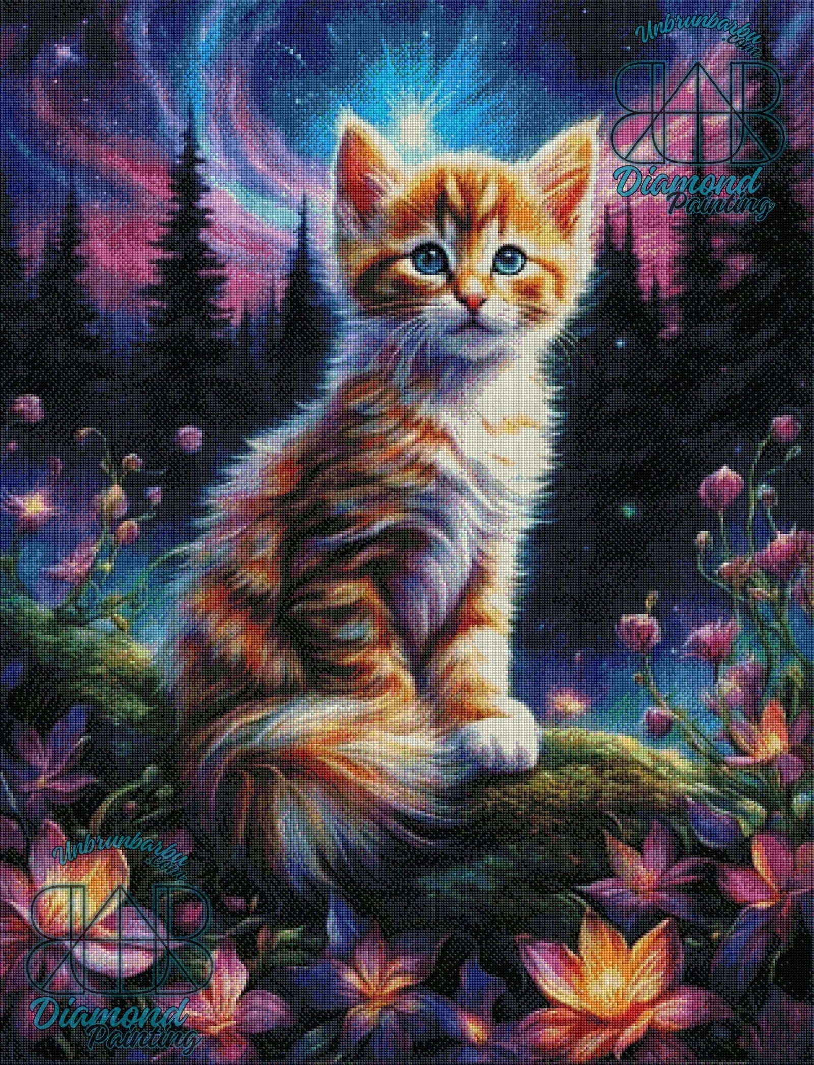 Éveil Nocturne du Chaton Parmi les Fleurs. (80cm x 105cm). - UnBrunBarbu