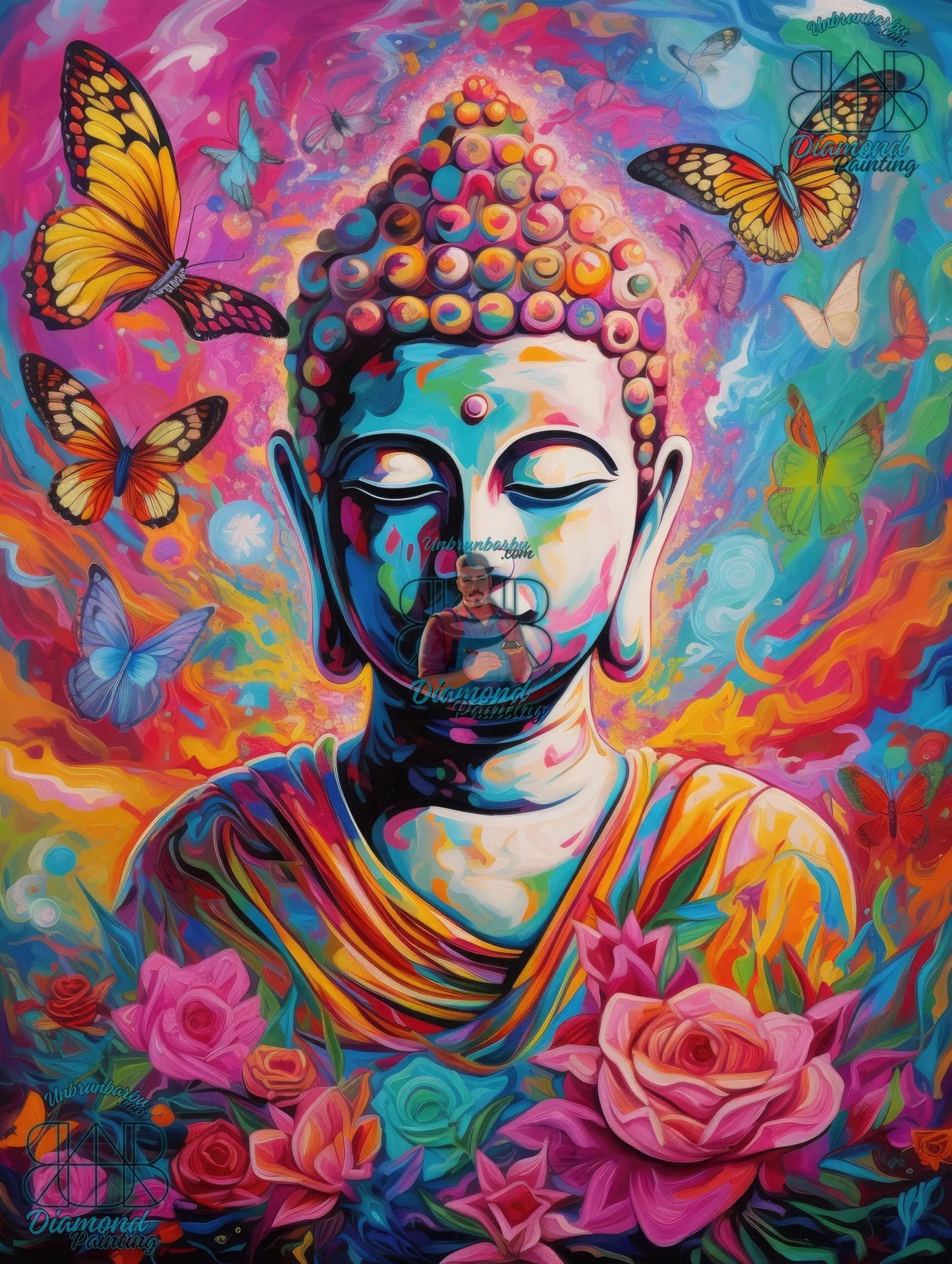 Éveil en Couleurs, Bouddha, Fleurs et Papillons en Symbiose. (80cm x 110cm). - UnBrunBarbu