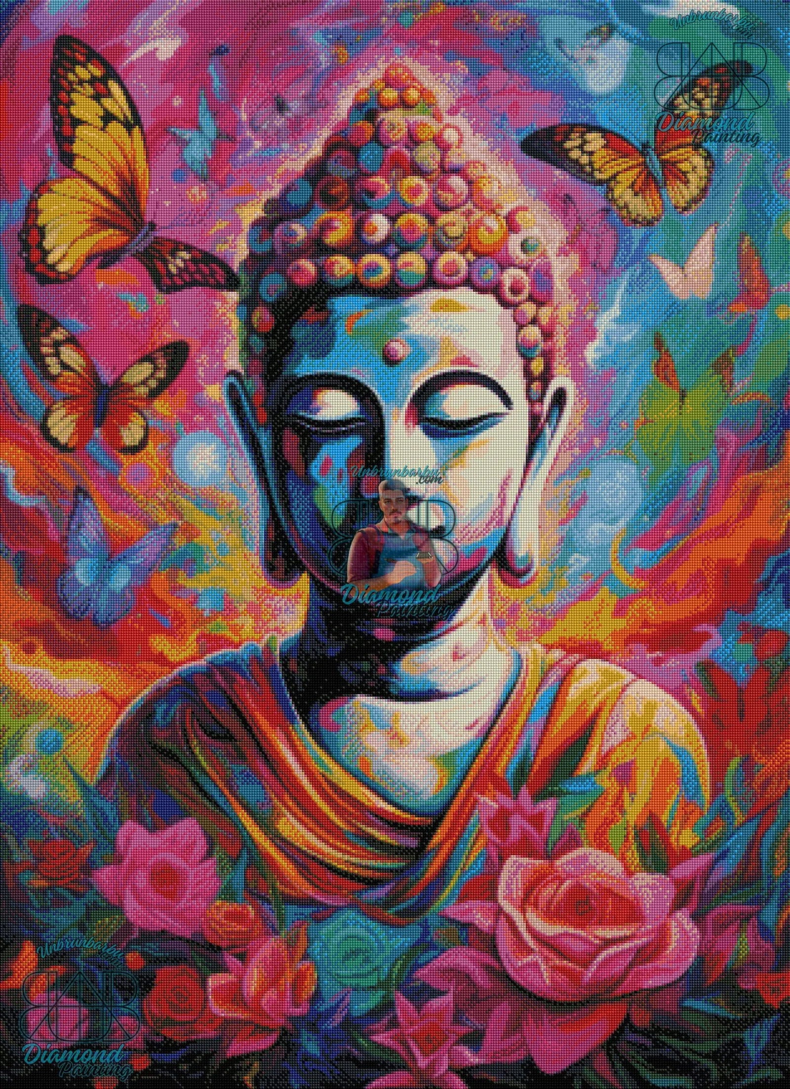 Éveil en Couleurs, Bouddha, Fleurs et Papillons en Symbiose. (80cm x 110cm). - UnBrunBarbu