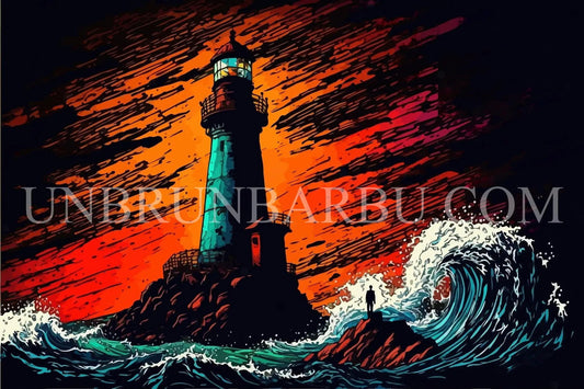 Guide dans la tempête : Phare sous le ciel orange. (100cm x 70cm) - UnBrunBarbu