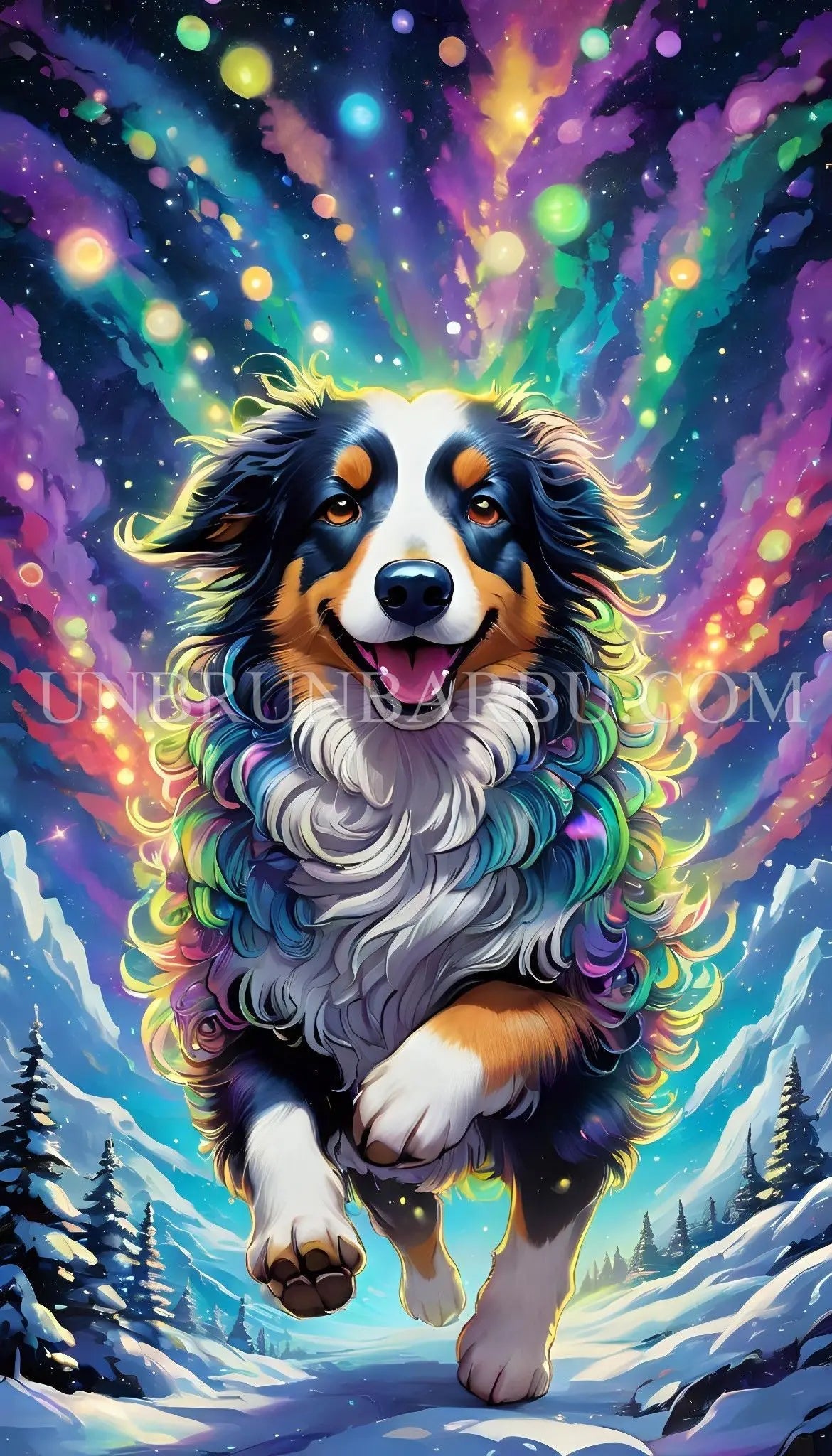 Harmonie Nocturne Border Collie et Aurores Boréales. (50cm x 90cm). - UnBrunBarbu