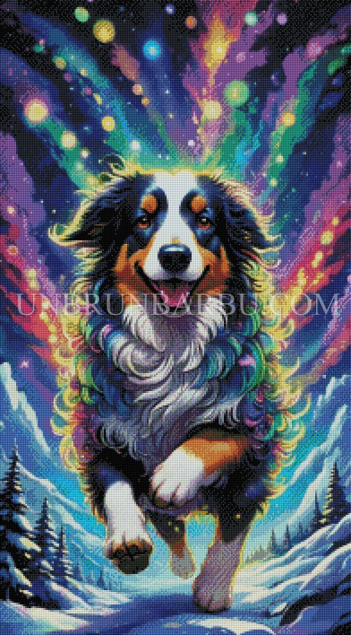 Harmonie Nocturne Border Collie et Aurores Boréales. (50cm x 90cm). - UnBrunBarbu