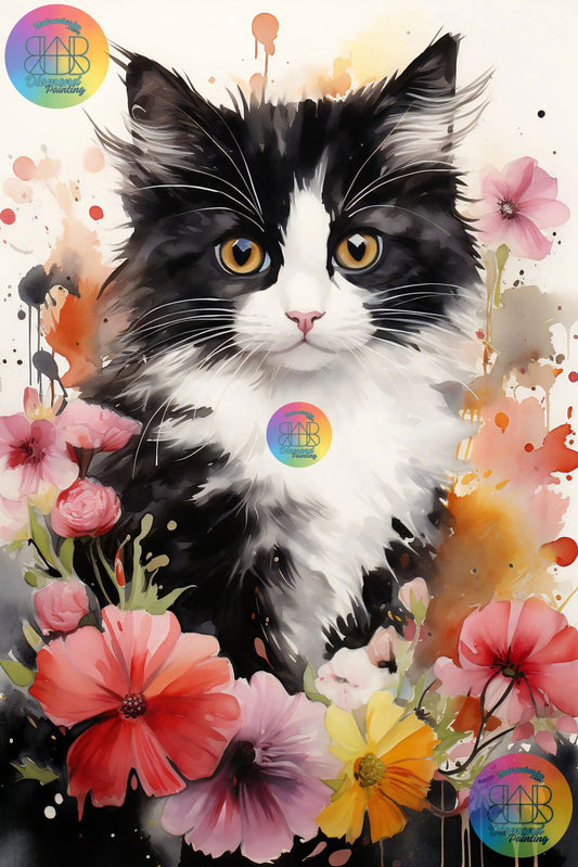 Harmonie Printanière : Chat Angora parmi les Fleurs Vibrantes. (60cm x 90cm). - UnBrunBarbu