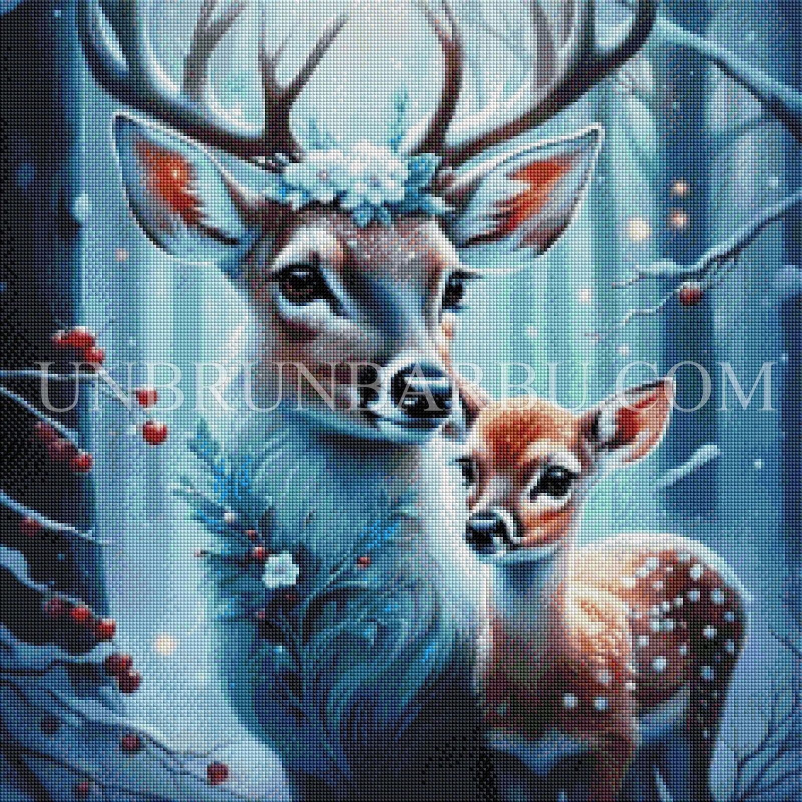 L’Élégance Hivernale Une Maman Biche et Son Faon. (60cm x 60cm). - UnBrunBarbu