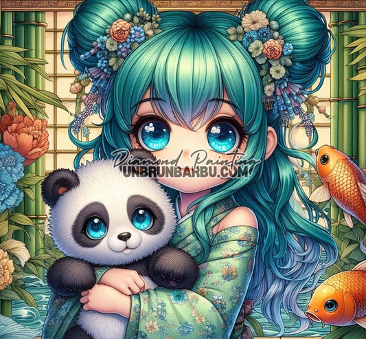 L’Étreinte du Panda sous les Fleurs de Bambou (100cm x 95cm)