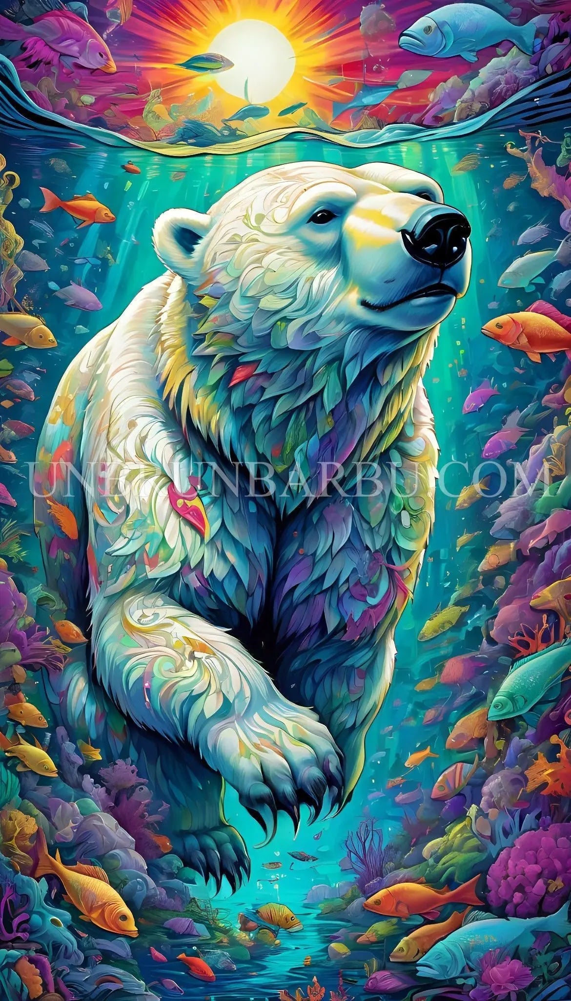 L’Ours Nageur dans le Monde Éclatant. (60cm x 105cm). - UnBrunBarbu