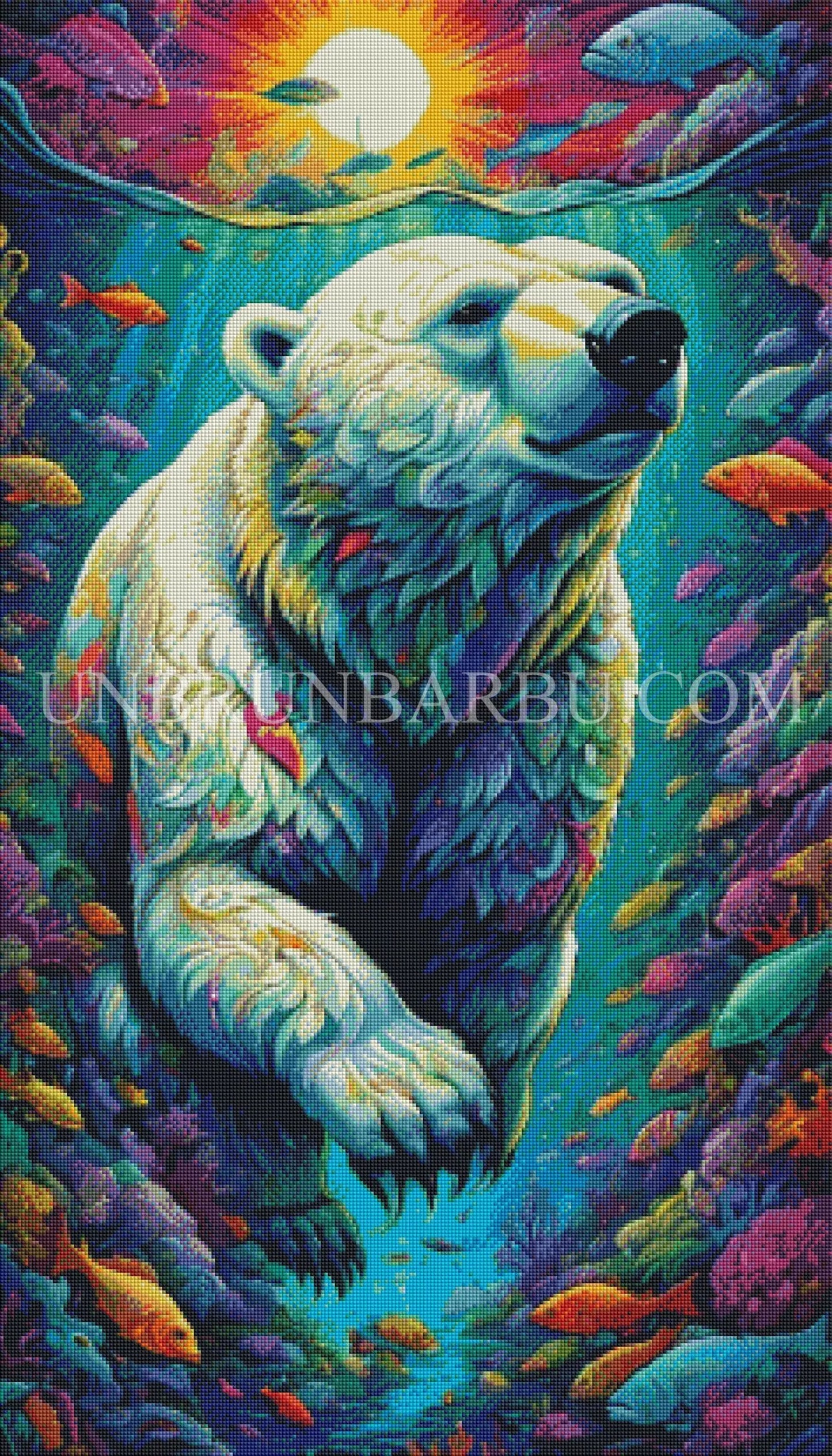 L’Ours Nageur dans le Monde Éclatant. (60cm x 105cm). - UnBrunBarbu