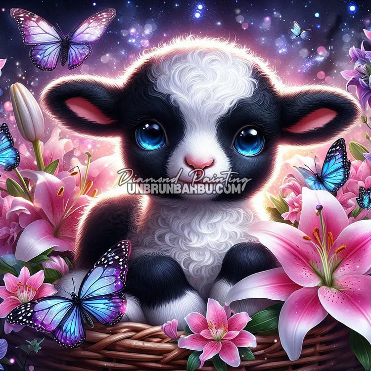 Le Mouton aux Lys et Papillons Enchantés (80cm x 80cm)