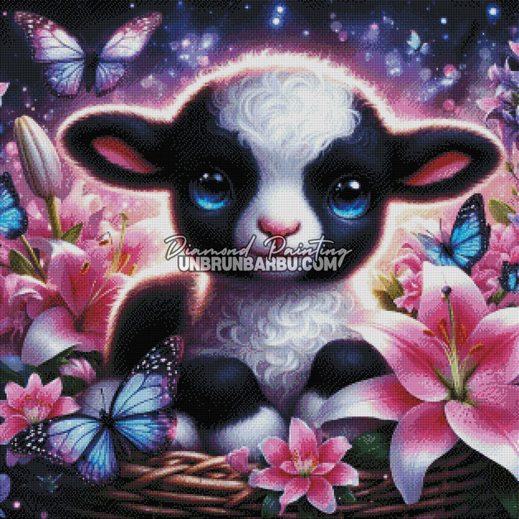 Le Mouton aux Lys et Papillons Enchantés (80cm x 80cm)