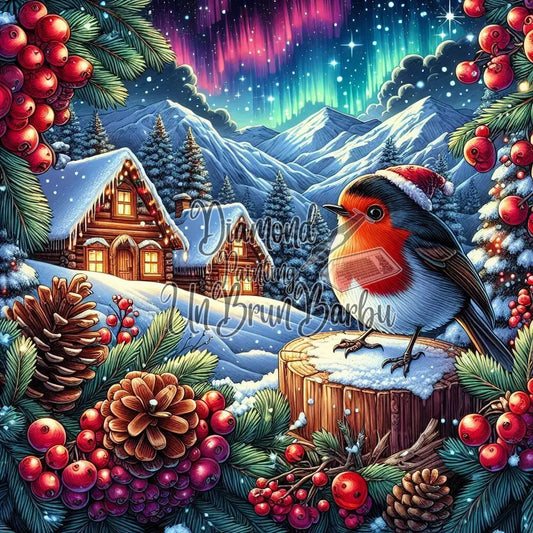 Le Rouge-Gorge et l'Aurore Boréale de Noël (100cm x 100cm)