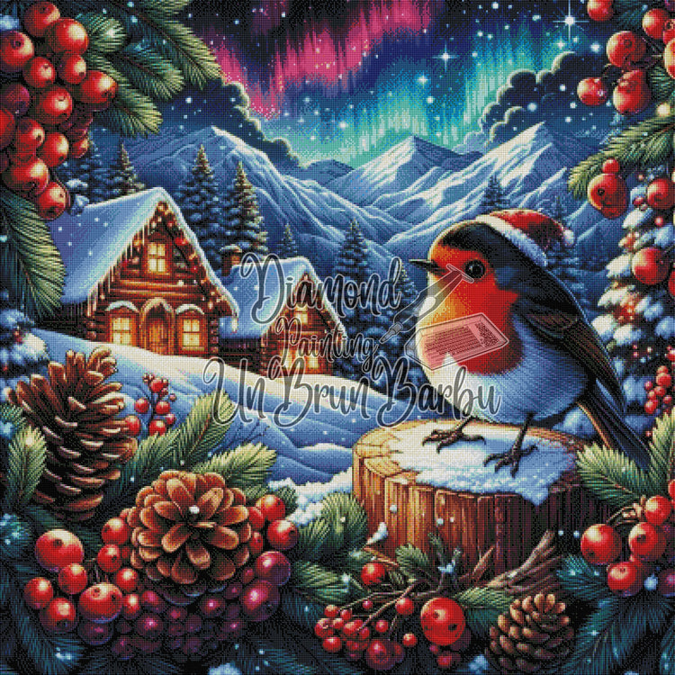 Le Rouge-Gorge et l'Aurore Boréale de Noël (100cm x 100cm)