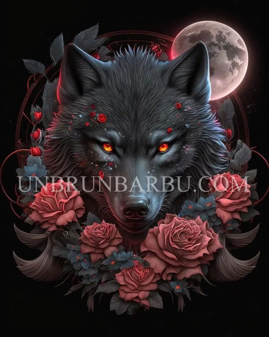 Le Loup Lunaire et les Roses Enchantées. (90cm x 110cm). - UnBrunBarbu