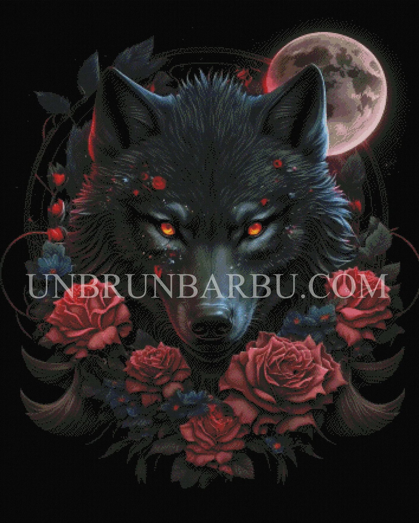 Le Loup Lunaire et les Roses Enchantées. (90cm x 110cm). - UnBrunBarbu